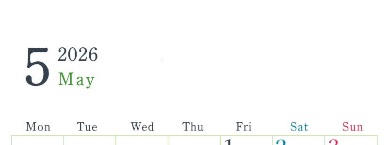 2026年5月縦型月曜始まり シンプルで書き込みしやすい文字が大きい見やすいおすすめの無料カレンダー(2026-01150511)