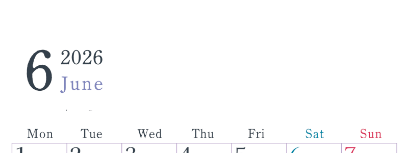 2026年6月縦型月曜始まり シンプルで書き込みしやすい文字が大きい見やすいおすすめの無料カレンダー(2026-01150611)
