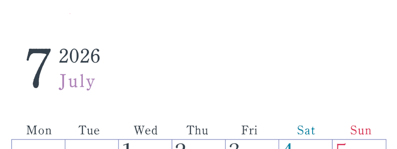 2026年7月縦型月曜始まり  シンプルで書き込みしやすい文字が大きい見やすいおすすめの無料カレンダー(2026-01150711)