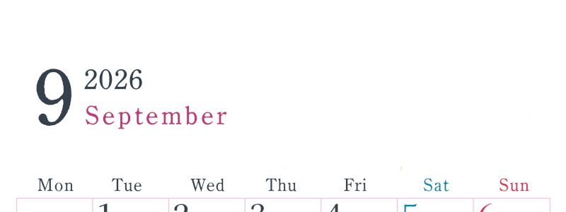 2026年9月縦型月曜始まり シンプルで書き込みしやすい文字が大きい見やすいおすすめの無料カレンダー(2026-01150911)