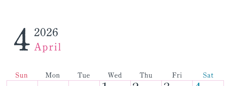 2026年4月縦型日曜始まり シンプルで書き込みしやすい文字が大きい見やすいおすすめの無料カレンダー(2026-01150410)