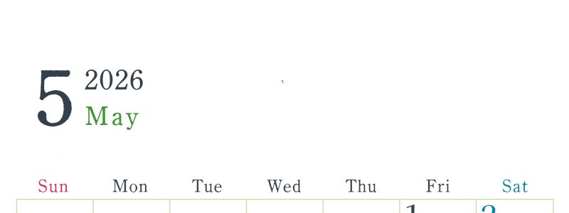 2026年5月縦型日曜始まり シンプルで書き込みしやすい文字が大きい見やすいおすすめの無料カレンダー(2026-01150510)