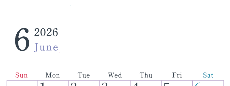 2026年6月縦型日曜始まり シンプルで書き込みしやすい文字が大きい見やすいおすすめの無料カレンダー(2026-01150610)