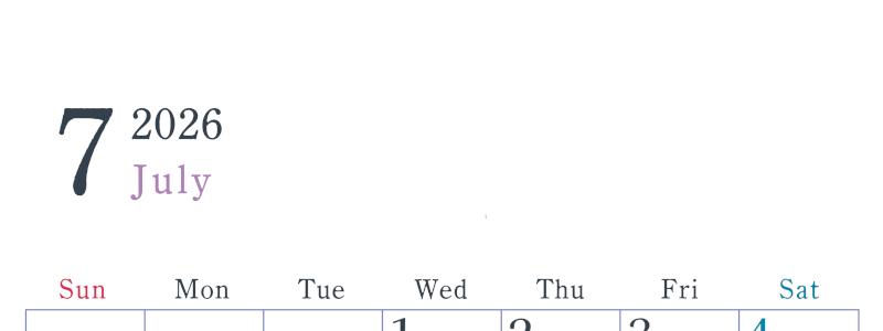 2026年7月縦型日曜始まり  シンプルで書き込みしやすい文字が大きい見やすいおすすめの無料カレンダー(2026-01150710)