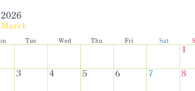 2026年3月横型月曜始まり シンプルで書き込みしやすい文字が大きい見やすいおすすめの無料カレンダー(2026-01150301)