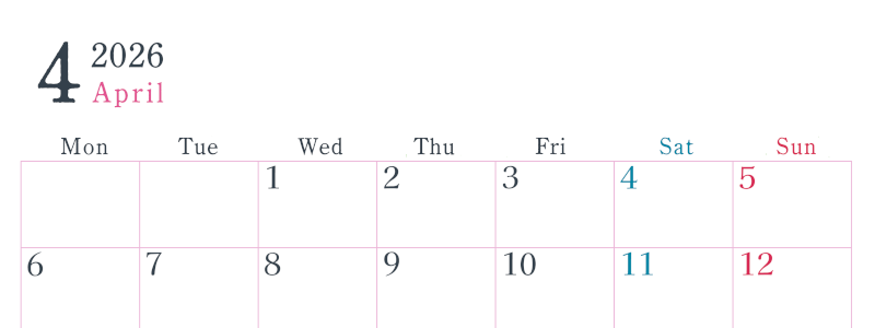 2026年4月横型月曜始まり シンプルで書き込みしやすい文字が大きい見やすいおすすめの無料カレンダー(2026-01150401)