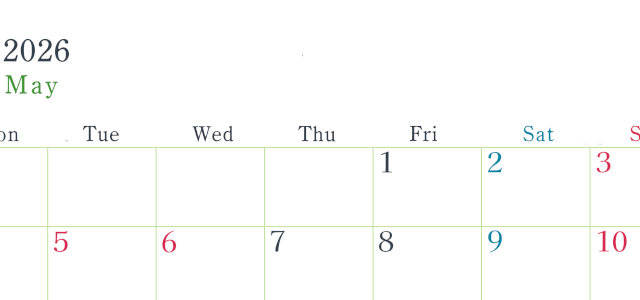 2026年5月横型月曜始まり シンプルで書き込みしやすい文字が大きい見やすいおすすめの無料カレンダー(2026-01150501)