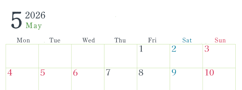 2026年5月横型月曜始まり シンプルで書き込みしやすい文字が大きい見やすいおすすめの無料カレンダー(2026-01150501)