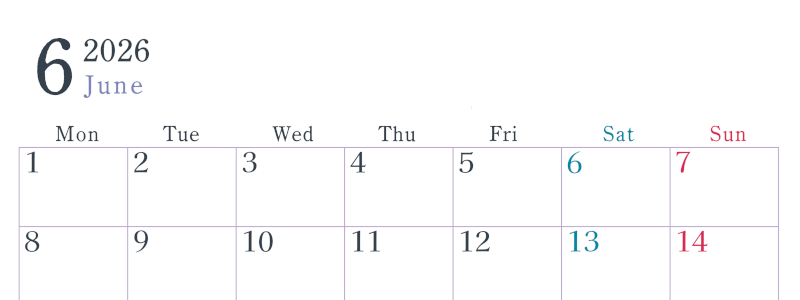2026年6月横型月曜始まり シンプルで書き込みしやすい文字が大きい見やすいおすすめの無料カレンダー(2026-01150601)