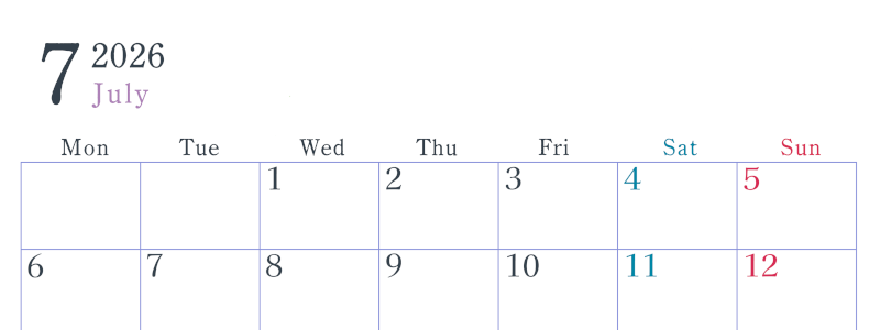2026年7月横型月曜始まり  シンプルで書き込みしやすい文字が大きい見やすいおすすめの無料カレンダー(2026-01150701)