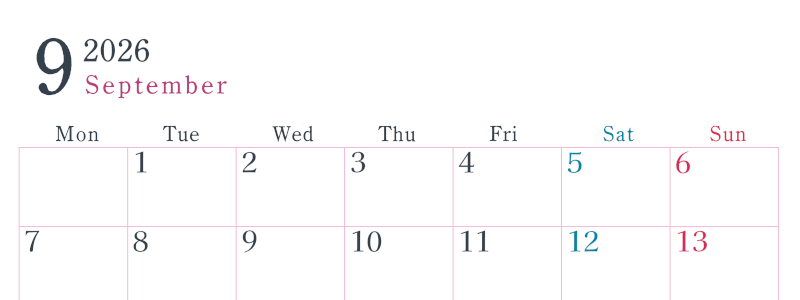 2026年9月横型月曜始まり シンプルで書き込みしやすい文字が大きい見やすいおすすめの無料カレンダー(2026-01150901)
