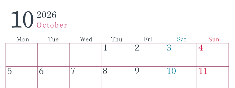 2026年10月横型月曜始まり シンプルで書き込みしやすい文字が大きい見やすいおすすめの無料カレンダー(2026-01151001)