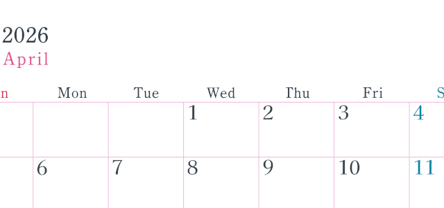 2026年4月横型日曜始まり シンプルで書き込みしやすい文字が大きい見やすいおすすめの無料カレンダー(2026-01150400)
