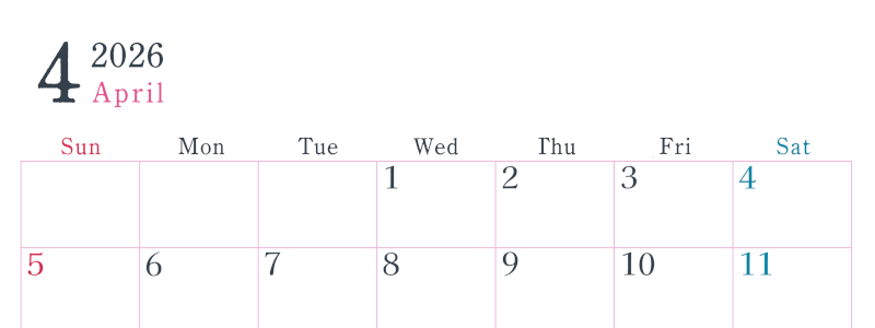 2026年4月横型日曜始まり シンプルで書き込みしやすい文字が大きい見やすいおすすめの無料カレンダー(2026-01150400)