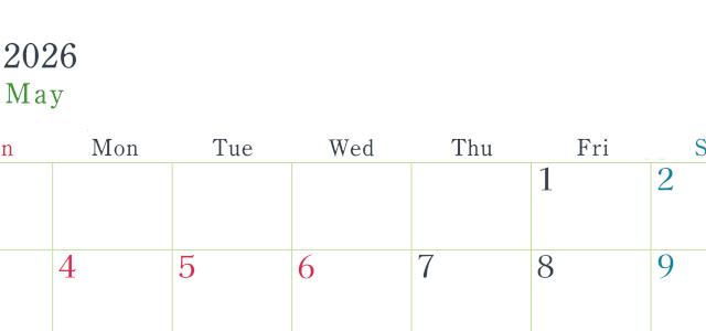 2026年5月横型日曜始まり シンプルで書き込みしやすい文字が大きい見やすいおすすめの無料カレンダー(2026-01150500)