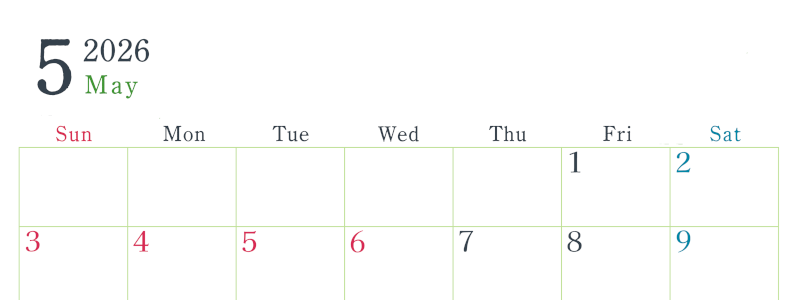 2026年5月横型日曜始まり シンプルで書き込みしやすい文字が大きい見やすいおすすめの無料カレンダー(2026-01150500)