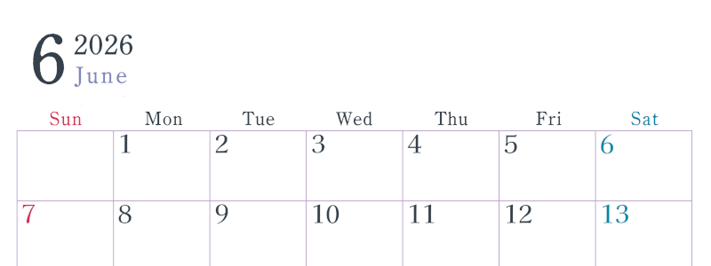 2026年6月横型日曜始まり シンプルで書き込みしやすい文字が大きい見やすいおすすめの無料カレンダー(2026-01150600)