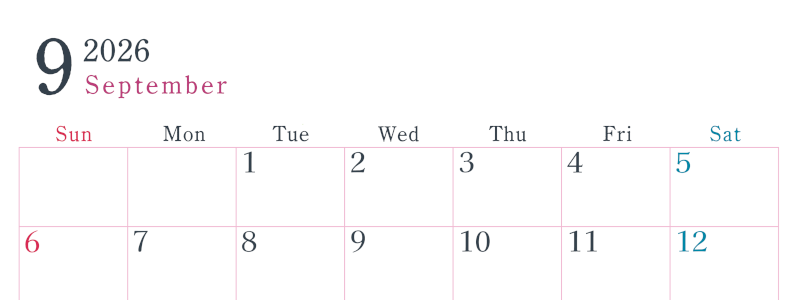 2026年9月横型日曜始まり シンプルで書き込みしやすい文字が大きい見やすいおすすめの無料カレンダー(2026-01150900)