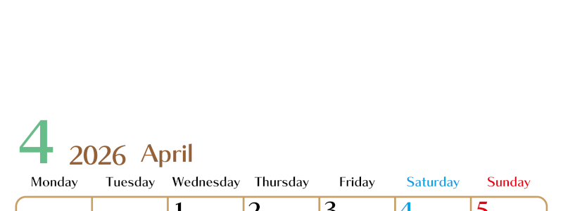 2026年4月縦型の月曜始まりカレンダー♪シンプルで書き込みしやすい文字が大きなA4用紙向け（無料）(2026-01170411)