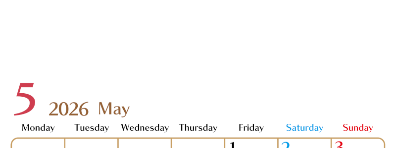 2026年5月縦型の月曜始まりカレンダー♪シンプルで書き込みしやすい文字が大きなA4用紙向け（無料）(2026-01170511)