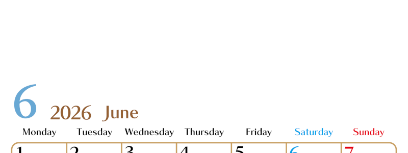 2026年6月縦型の月曜始まりカレンダー♪シンプルで書き込みしやすい文字が大きなA4用紙向け（無料）(2026-01170611)