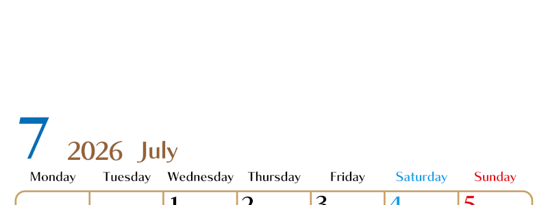 2026年7月縦型の月曜始まりカレンダー♪シンプルで 書き込みしやすい文字が大きなA4用紙向け（無料）(2026-01170711)