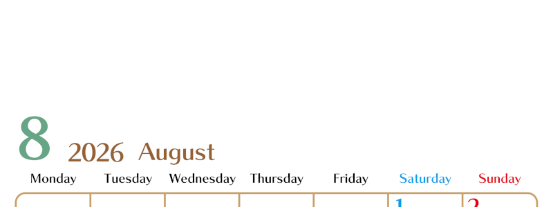 2026年8月縦型の月曜始まりカレンダー♪シンプルで書き込みしやすい文字が大きなA4用紙向け（無料）(2026-01170811)