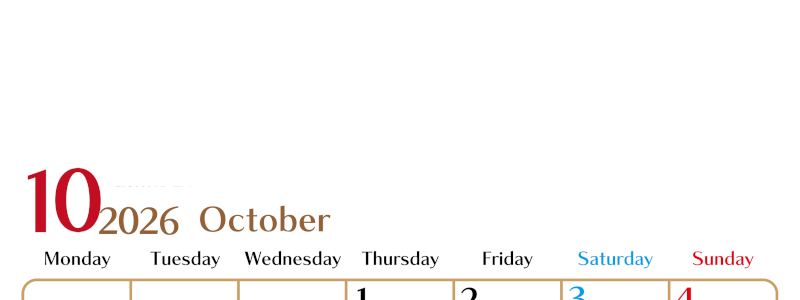2026年10月縦型の月曜始まりカレンダー♪シンプルで書き込みしやすい文字が大きなA4用紙向け（無料）(2026-01171011)