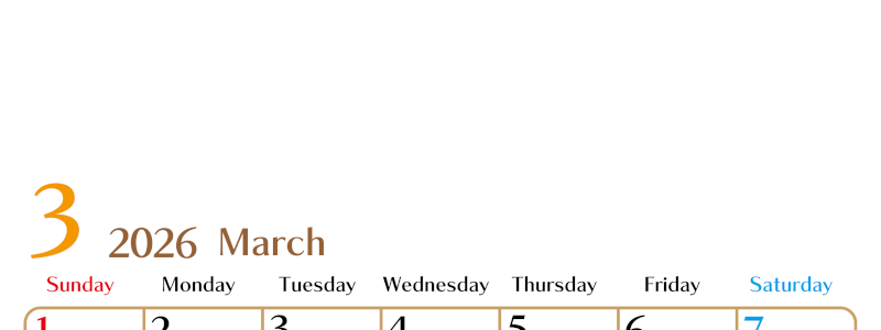 2026年3月縦型の日曜始まりカレンダー♪シンプルで書き込みしやすい文字が大きなA4用紙向け（無料）(2026-01170310)