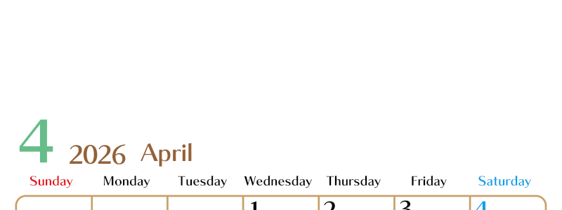 2026年4月縦型の日曜始まりカレンダー♪シンプルで書き込みしやすい文字が大きなA4用紙向け（無料）(2026-01170410)