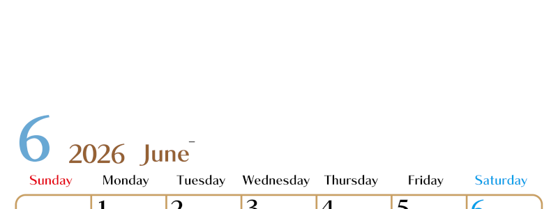 2026年6月縦型の日曜始まりカレンダー♪シンプルで書き込みしやすい文字が大きなA4用紙向け（無料）(2026-01170610)
