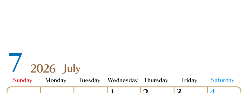 2026年7月縦型の日曜始まりカレンダー♪シンプルで 書き込みしやすい文字が大きなA4用紙向け（無料）(2026-01170710)