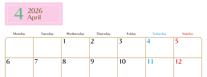 2026年4月横型の月曜始まりカレンダー♪シンプルで書き込みしやすい文字が大きなA4用紙向け（無料）(2026-01170401)