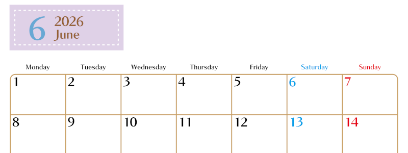 2026年6月横型の月曜始まりカレンダー♪シンプルで書き込みしやすい文字が大きなA4用紙向け（無料）(2026-01170601)