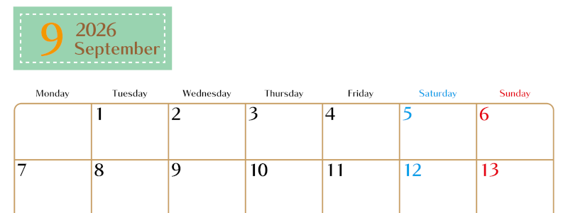 2026年9月横型の月曜始まりカレンダー♪シンプルで書き込みしやすい文字が大きなA4用紙向け（無料）(2026-01170901)