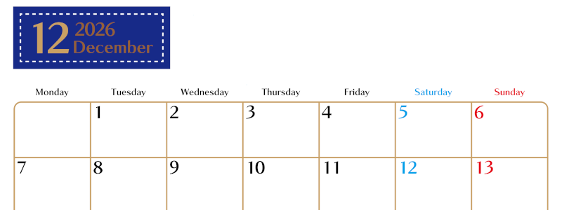 2026年12月横型の月曜始まりカレンダー♪シンプルで書き込みしやすい文字が大きなA4用紙向け（無料）(2026-01171201)
