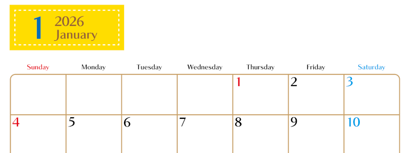 2026年1月横型の日曜始まりカレンダー♪シンプルで書き込みしやすい文字が大きなA4用紙向け（無料）(2026-01170100)