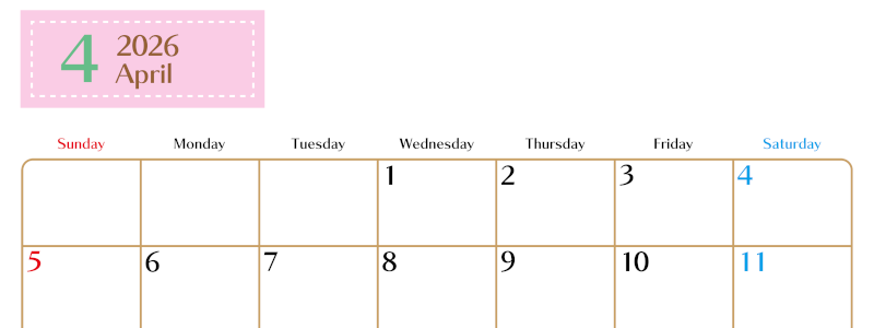 2026年4月横型の日曜始まりカレンダー♪シンプルで書き込みしやすい文字が大きなA4用紙向け（無料）(2026-01170400)