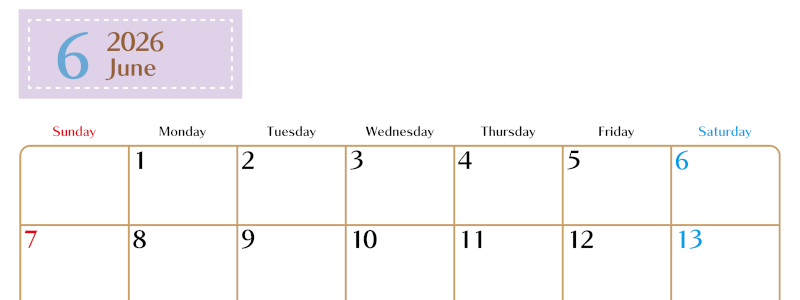 2026年6月横型の日曜始まりカレンダー♪シンプルで書き込みしやすい文字が大きなA4用紙向け（無料）(2026-01170600)