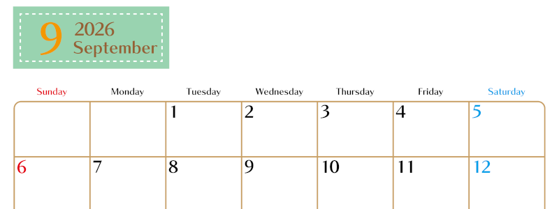2026年9月横型の日曜始まりカレンダー♪シンプルで書き込みしやすい文字が大きなA4用紙向け（無料）(2026-01170900)