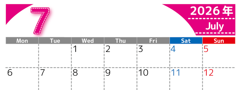 （無料カレンダー）2026年7月横型月曜始まりで 大きい文字が見やすく書き込みも簡単なA4サイズ（シンプル）(2026-01180701)