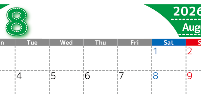 （無料カレンダー）2026年8月横型月曜始まりで大きい文字が見やすく書き込みも簡単なA4サイズ（シンプル）(2026-01180801)