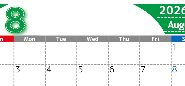 （無料カレンダー）2026年8月横型日曜始まりで大きい文字が見やすく書き込みも簡単なA4サイズ（シンプル）(2026-01180800)