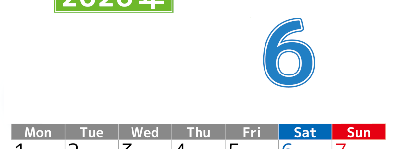 シンプルな2026年6月縦型月曜始まりのカレンダー！書き込み欄が大きい便利な無料素材(2026-01190611)