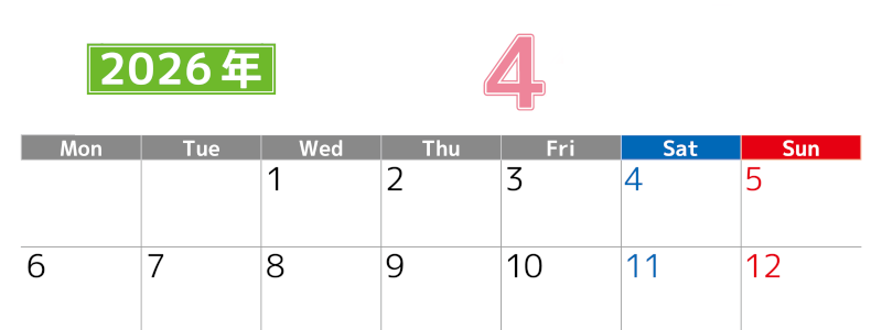 シンプルな2026年4月横型月曜始まりのカレンダー！書き込み欄が大きい便利な無料素材(2026-01190401)