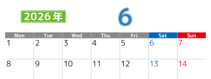 シンプルな2026年6月横型月曜始まりのカレンダー！書き込み欄が大きい便利な無料素材(2026-01190601)