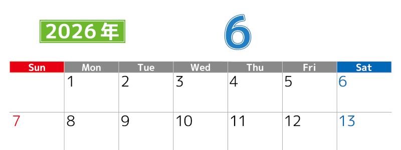 シンプルな2026年6月横型日曜始まりのカレンダー！書き込み欄が大きい便利な無料素材(2026-01190600)