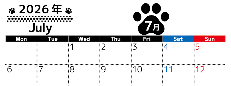 無料カレンダー：2026年7月横型月曜始まり♪ シンプルで書き込み欄が大きいのでおすすめ♪(2026-01210701)