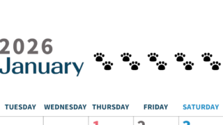 2026年1月カレンダーは縦型月曜始まりで猫の黒い肉球がゆるかわいいほっこりするイラストつき無料素材♪(2026-01220111)
