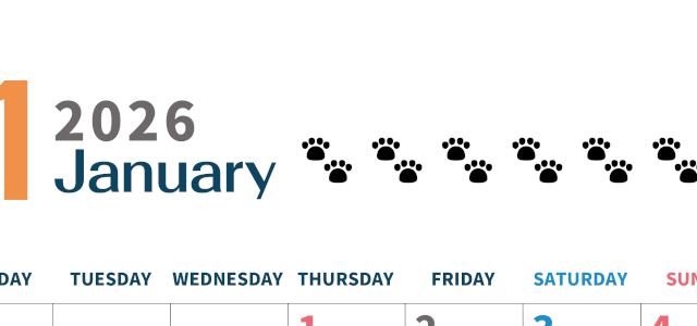 2026年1月カレンダーは縦型月曜始まりで猫の黒い肉球がゆるかわいいほっこりするイラストつき無料素材♪(2026-01220111)